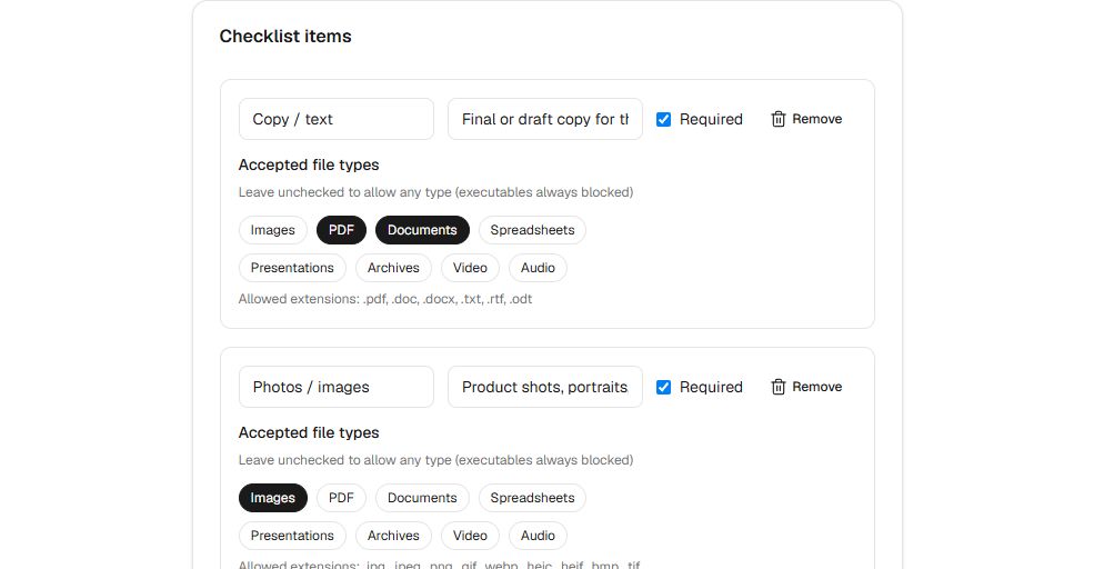 Checklist editor with copy and photo items, required-item settings, and accepted file types.