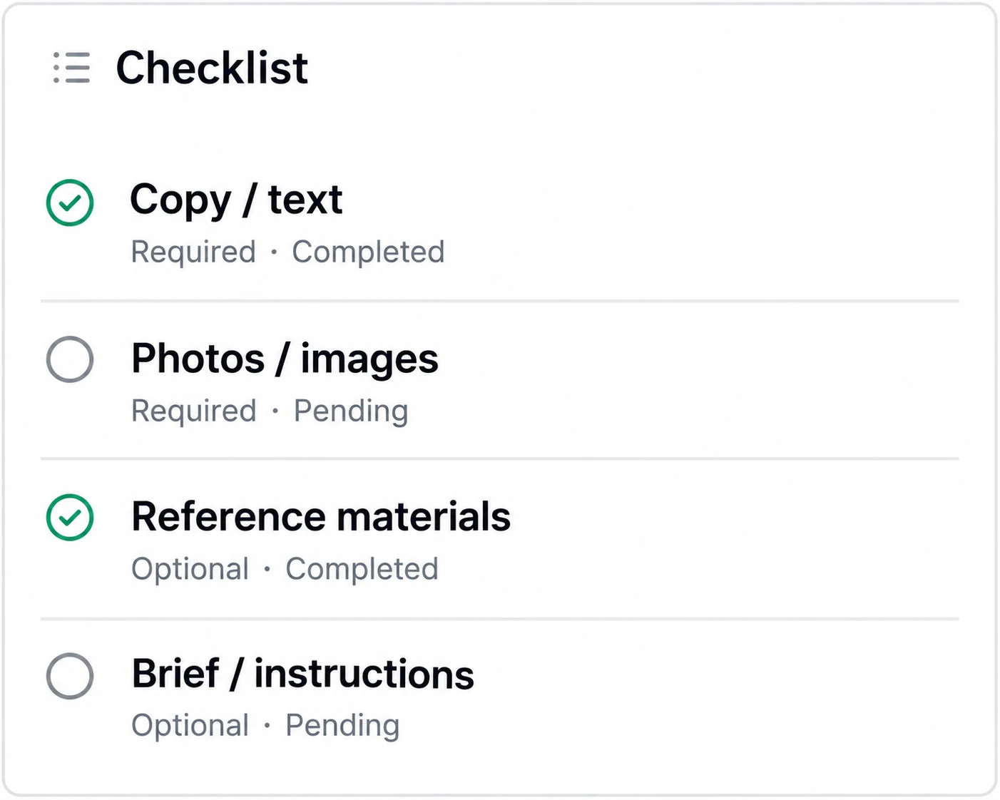 Owner checklist illustration: copy and references are completed; photos and the brief are pending.
