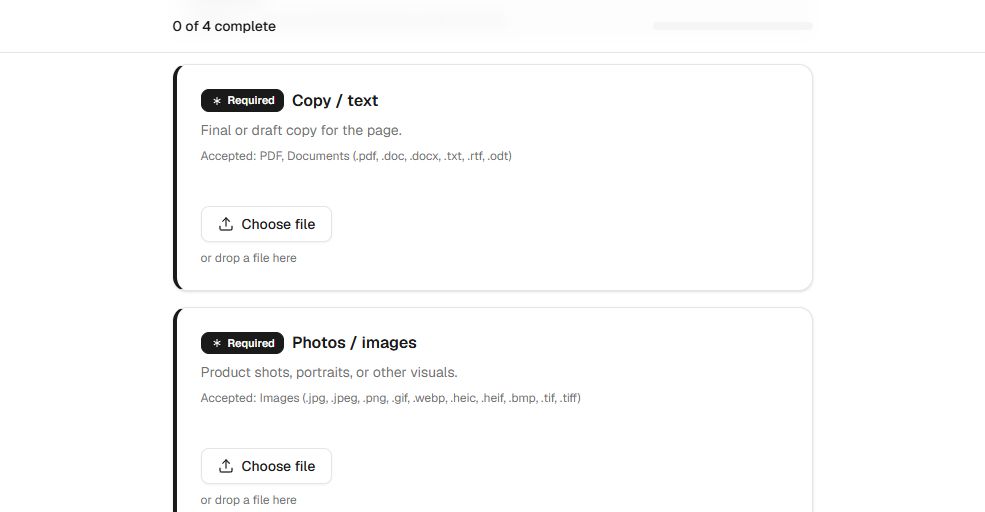 Client upload page with a file picker for each copy and photo item.